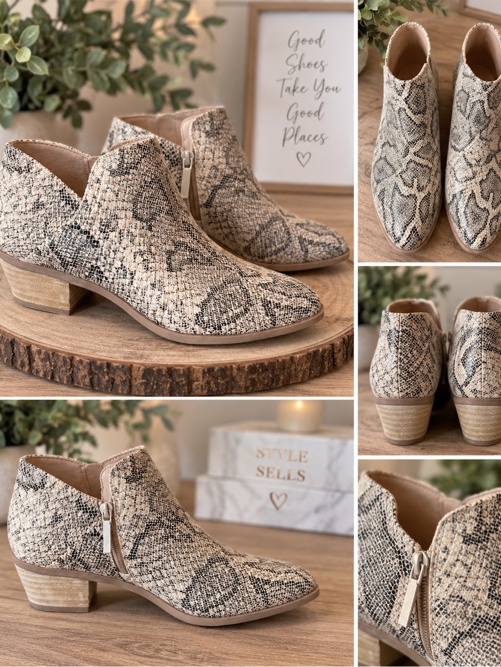 Wonderly Beige and Black Snake-Print Ankle Booties